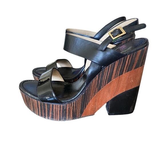 Jimmy Choo Black Leather Brown Wooden Heel Wedge Slingback Sandals size 40 9.5 - Picture 4 of 9